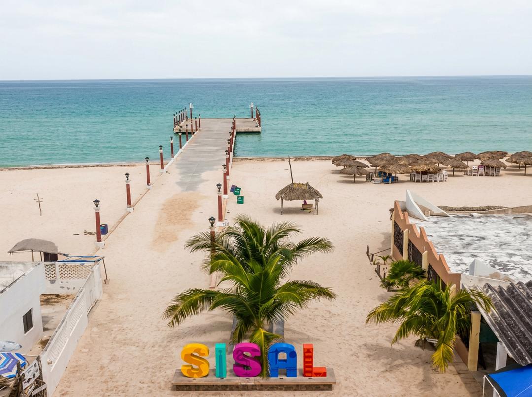 Playa de Sisal, Yucatán, con arena clara y mar azul